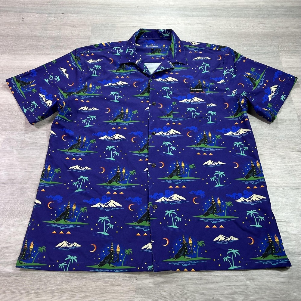 McMenamins Shirt Mens XL Blue Hawaiian Aloha Volcano Print Button Front Stretch